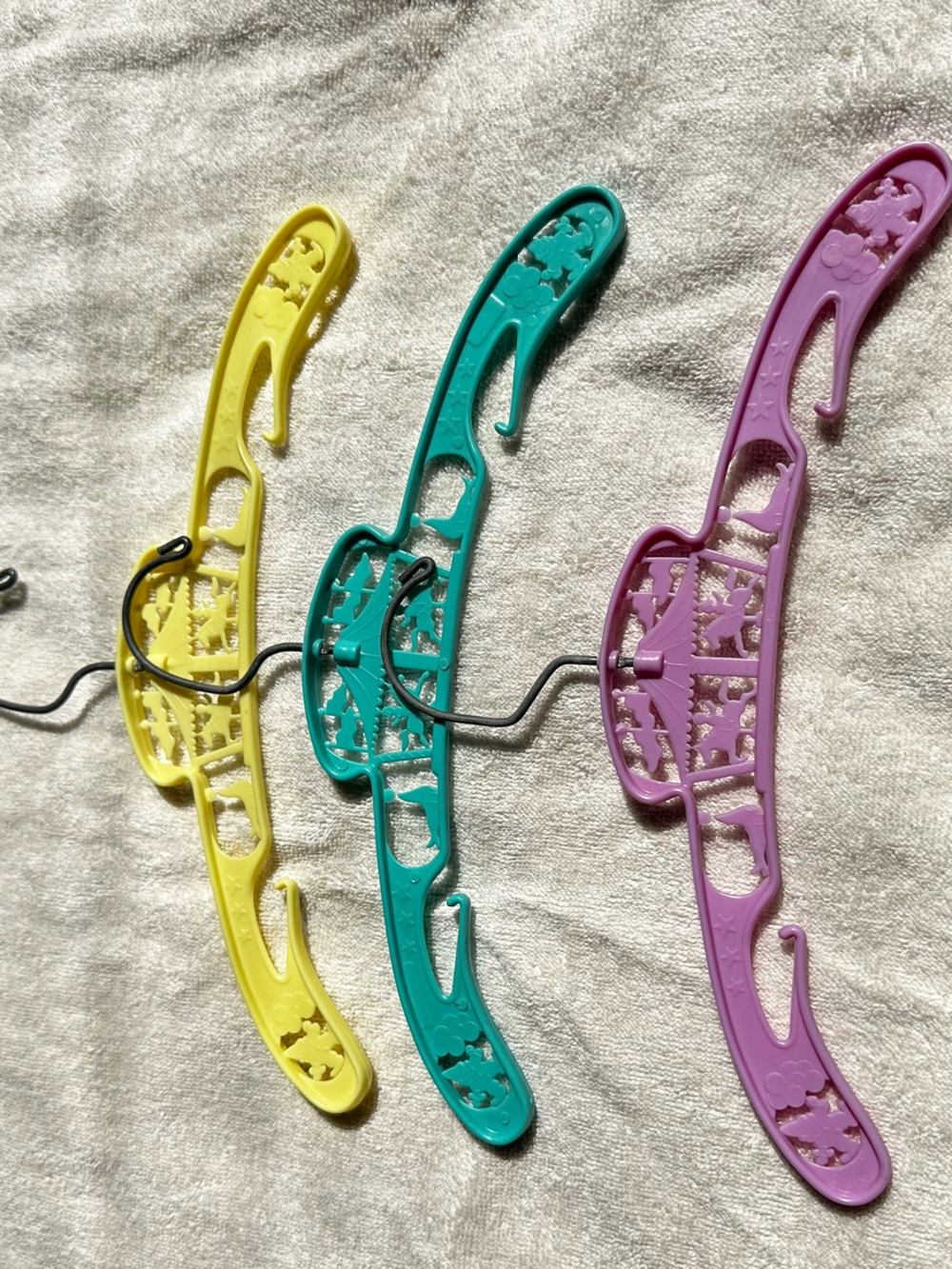 3 Vintage Plastic Child Hangers w Metal swivel hooks Circus Themed